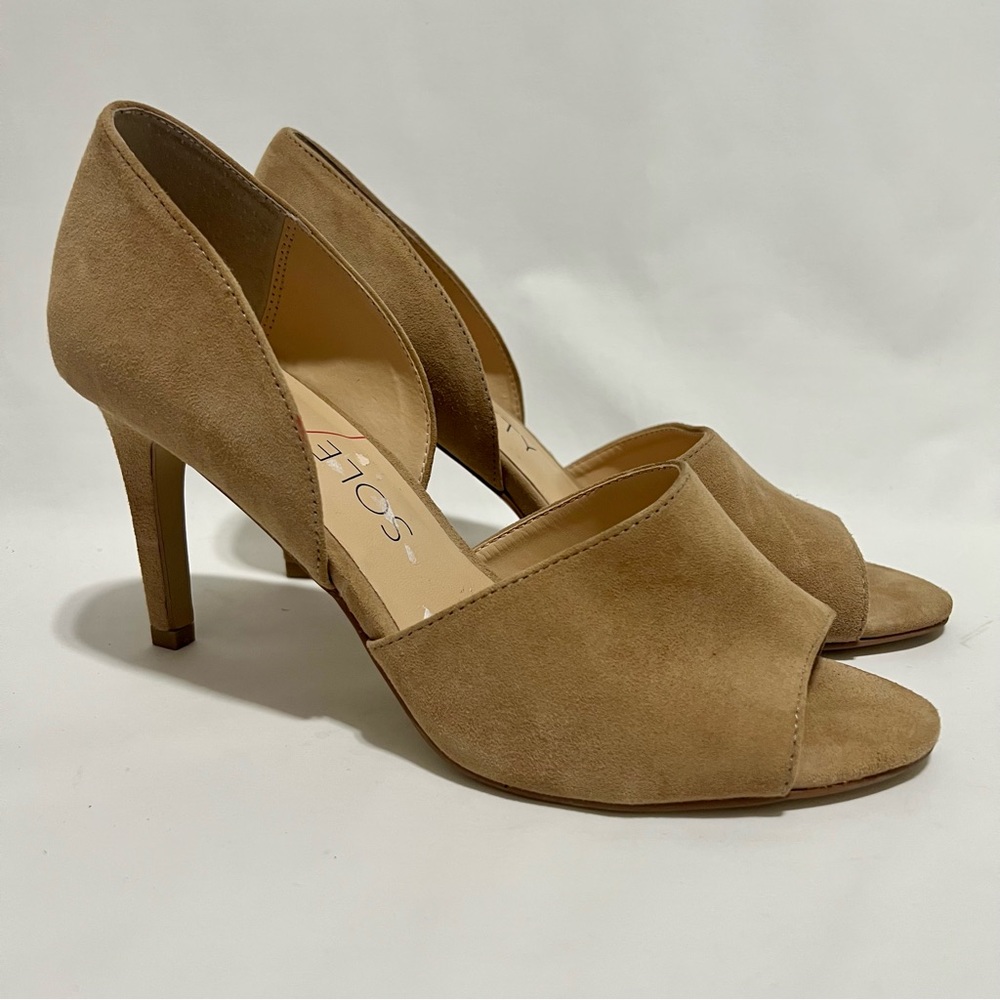 Sole Society heels nude open toe pumps suede 8.5 posy.